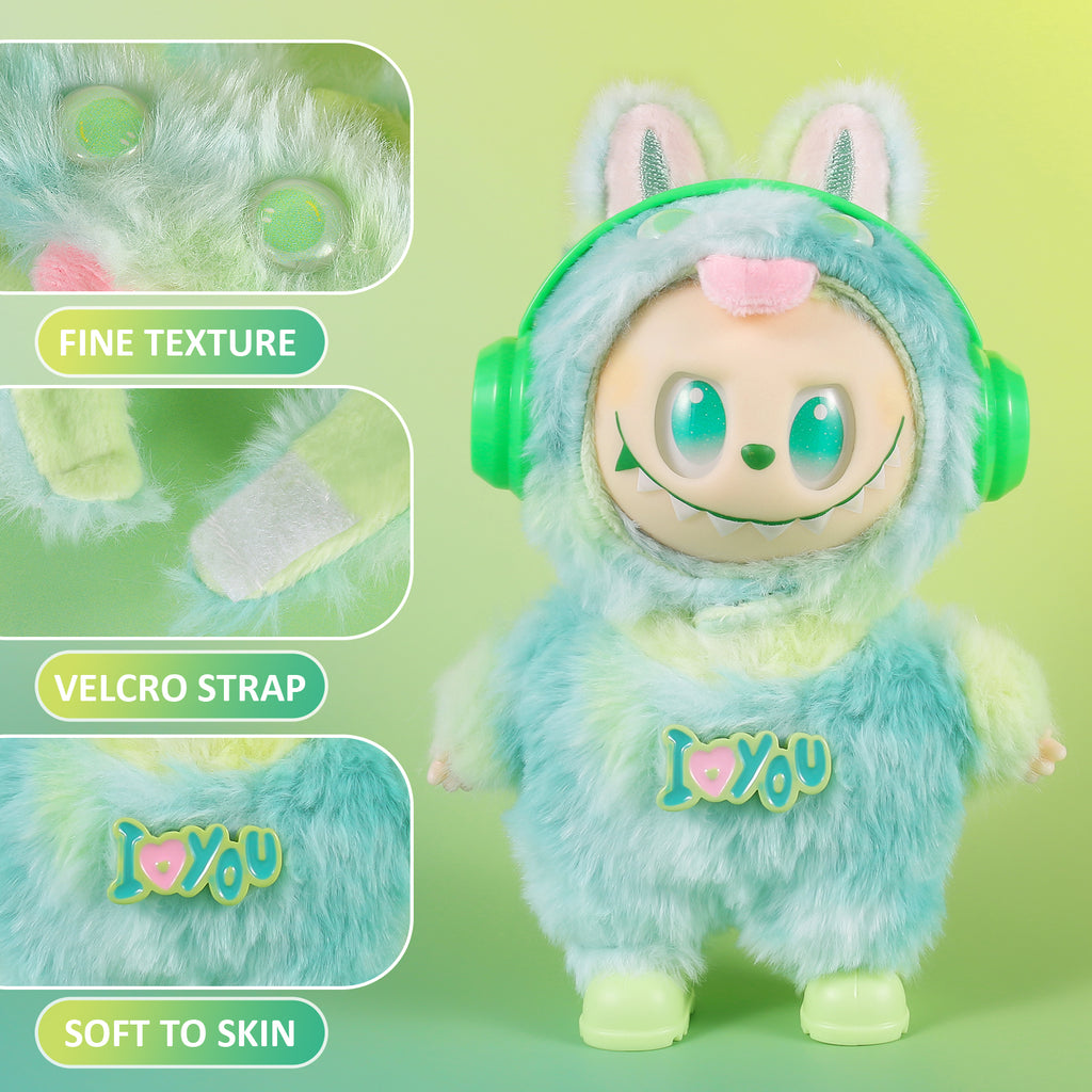 4-Piece Cute Plush Doll Clothes Set for 17cm Labubu - Includes Overalls, Hat, Headphones & Shoes