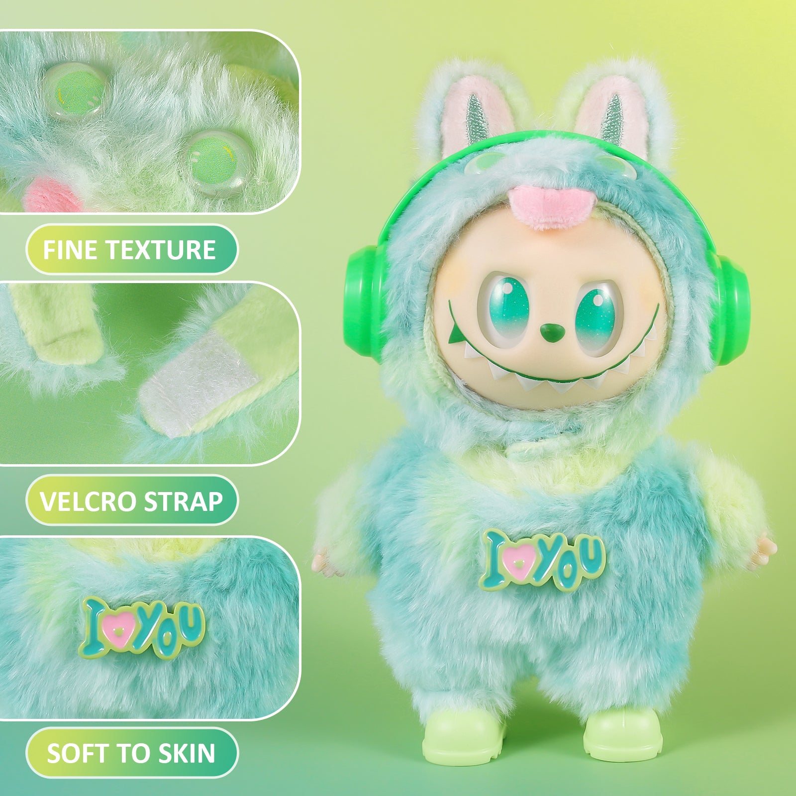 4-Piece Cute Plush Doll Clothes Set for 17cm Labubu - Includes Overalls, Hat, Headphones & Shoes