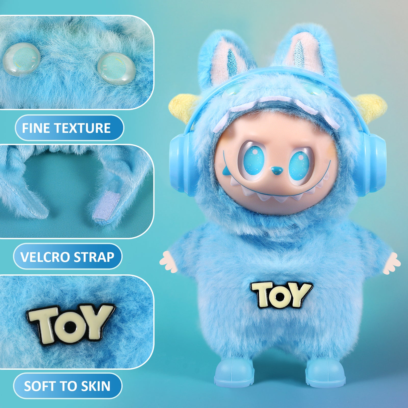4-Piece Blue Monster "TOY" Themed Plush Doll Clothes Set for 17cm Labubu - Includes Overalls, Hat, Headphones & Shoes