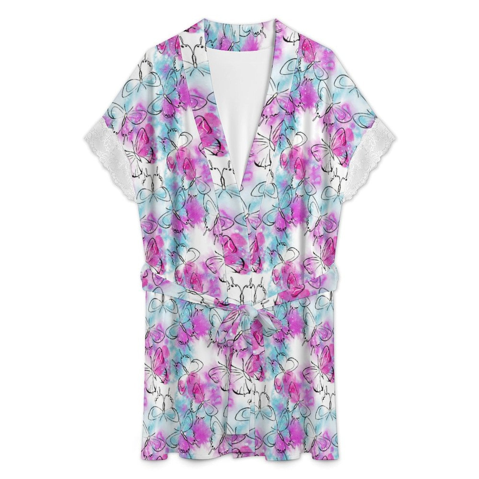 Women's Watercolor Butterfly Print Robe with Lace Trim, Short Sleeve Belted Loungewear