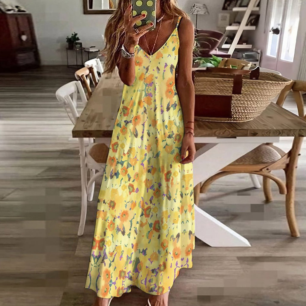 Summer Bohemian Sunflower Print Spaghetti Strap Maxi Dress | V-Neck Casual Flowy Ankle-Length Beach Sundress