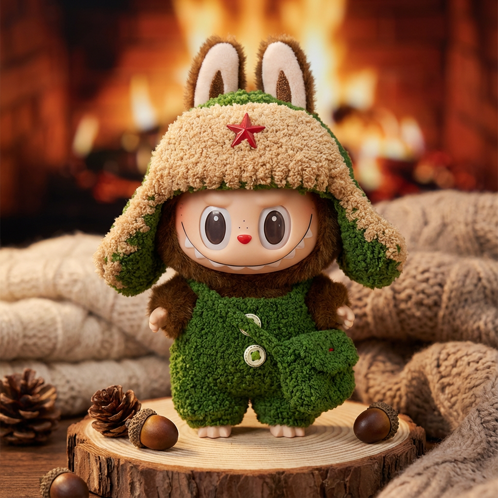 Handmade Doll Clothes for 17cm Labubu, Cute 3-Piece Fuzzy Green Outfit with Star Hat, Shorts & Bag Accessories.