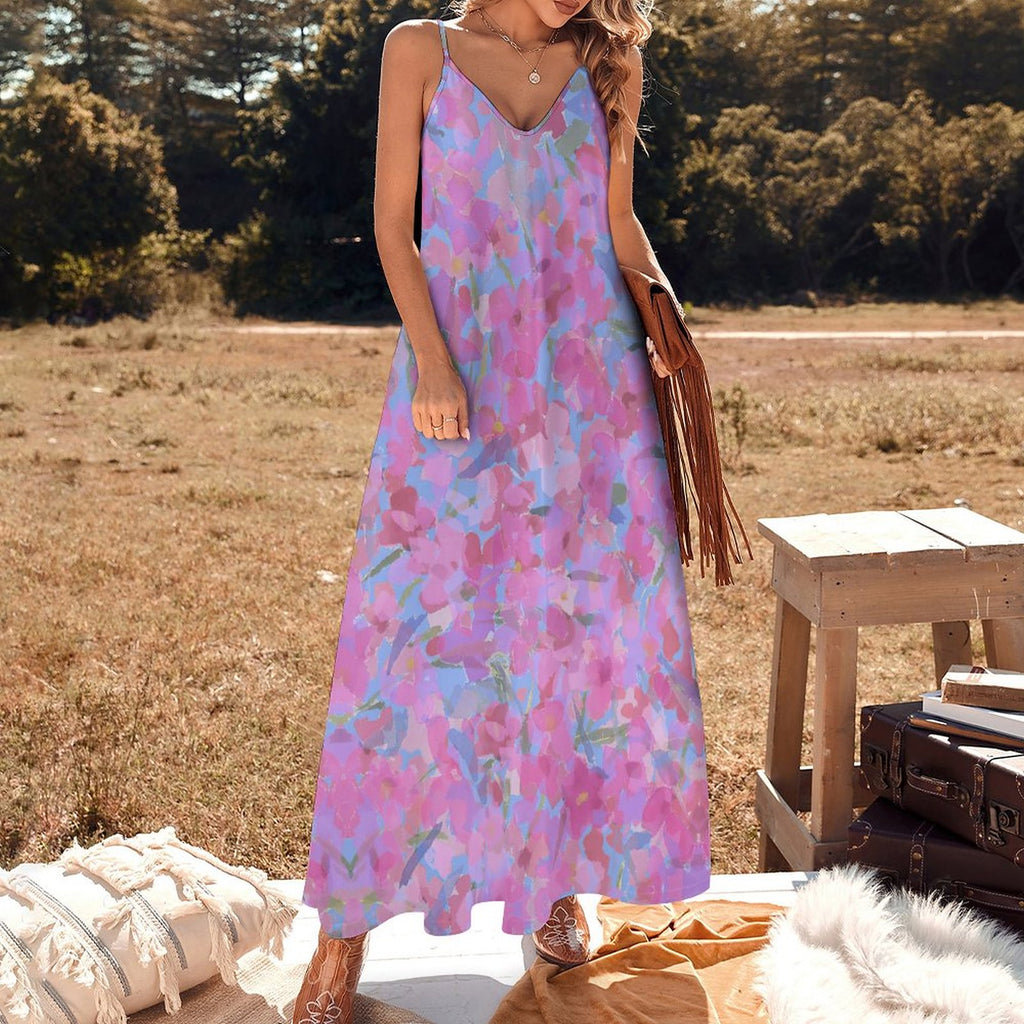 Summer Bohemian Floral Print Spaghetti Strap Maxi Dress V-Neck Casual Flowy Ankle-Length Beach Dress