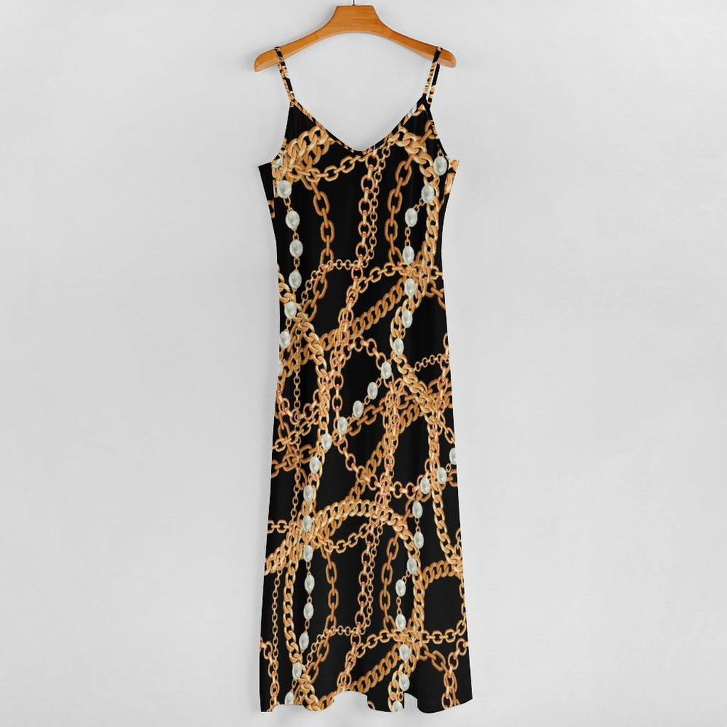 Chic Chain & Pearl Print V-Neck Spaghetti Strap Maxi Dress
