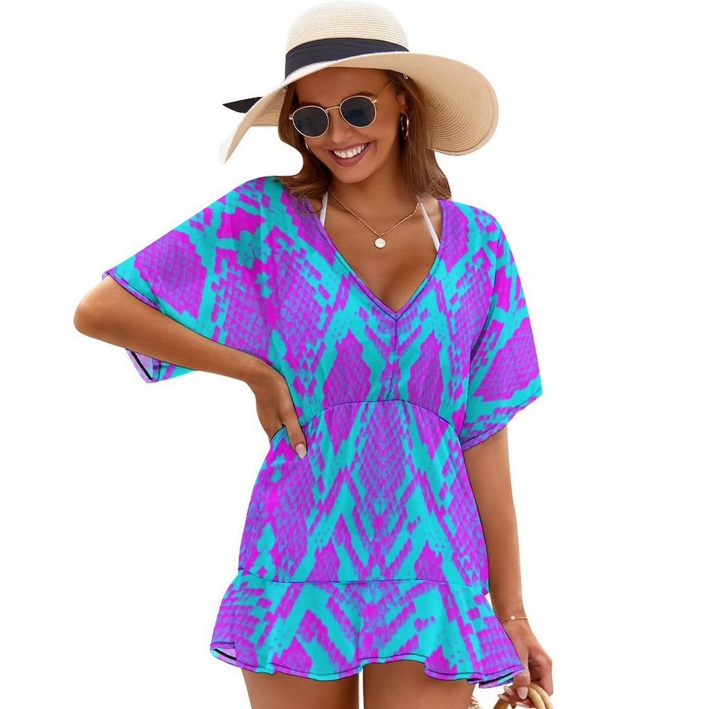 Neon Pop Snake Print Cover-Up Dress | V-Neck Ruffle Hem Beachwear | Summer Must-Have