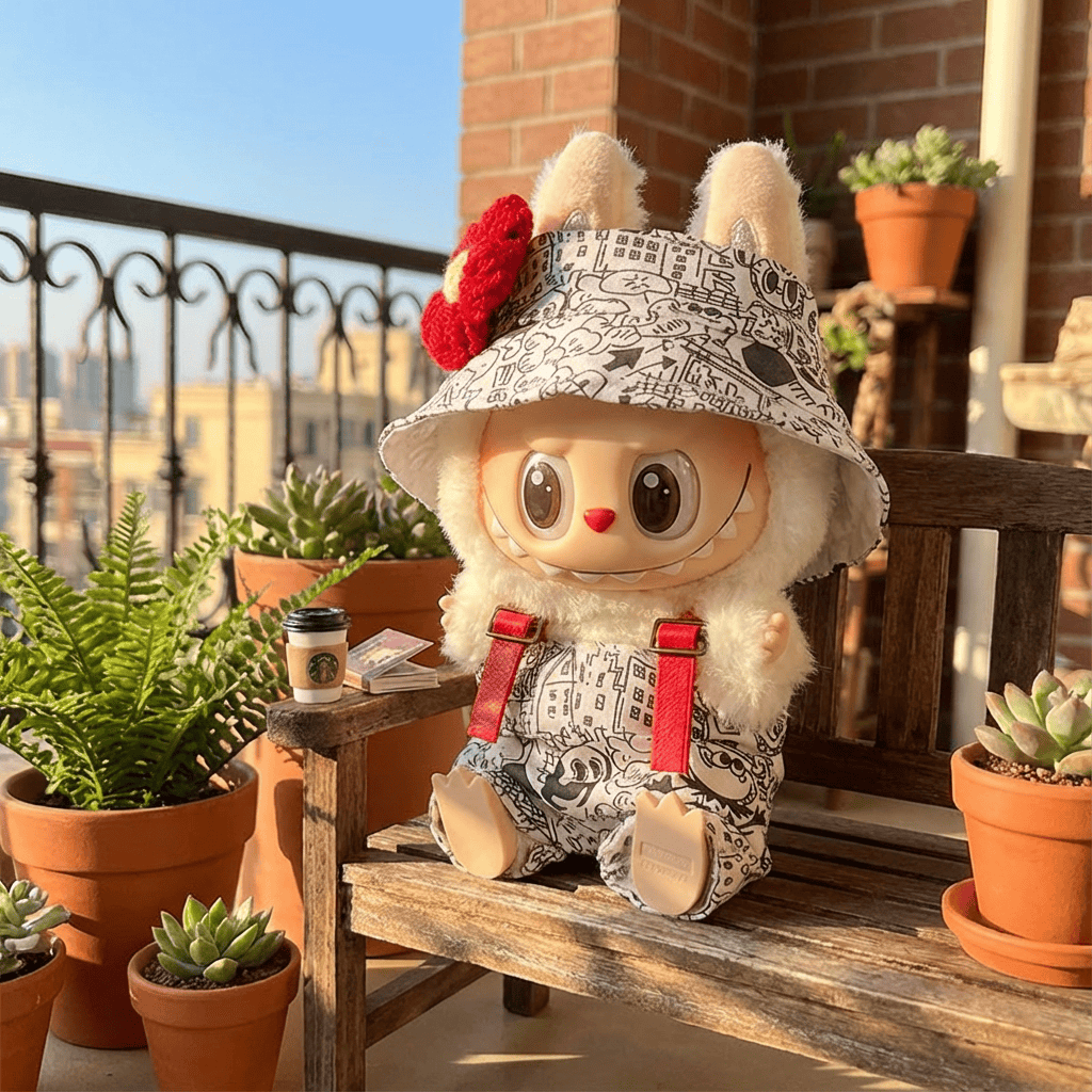 Graffiti Artistry 3-Piece Outfit for 17cm Labubu Doll - Includes Fisherman's Hat, Overalls & Corsage