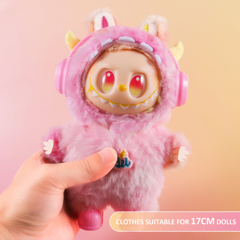 Dress Your 17cm Labubu! 4-Piece Pink Fuzzy Doll Outfit Set | Complete with Hat, Shoes & Accessories