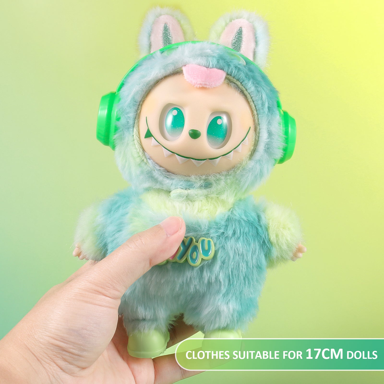 4-Piece Cute Plush Doll Clothes Set for 17cm Labubu - Includes Overalls, Hat, Headphones & Shoes