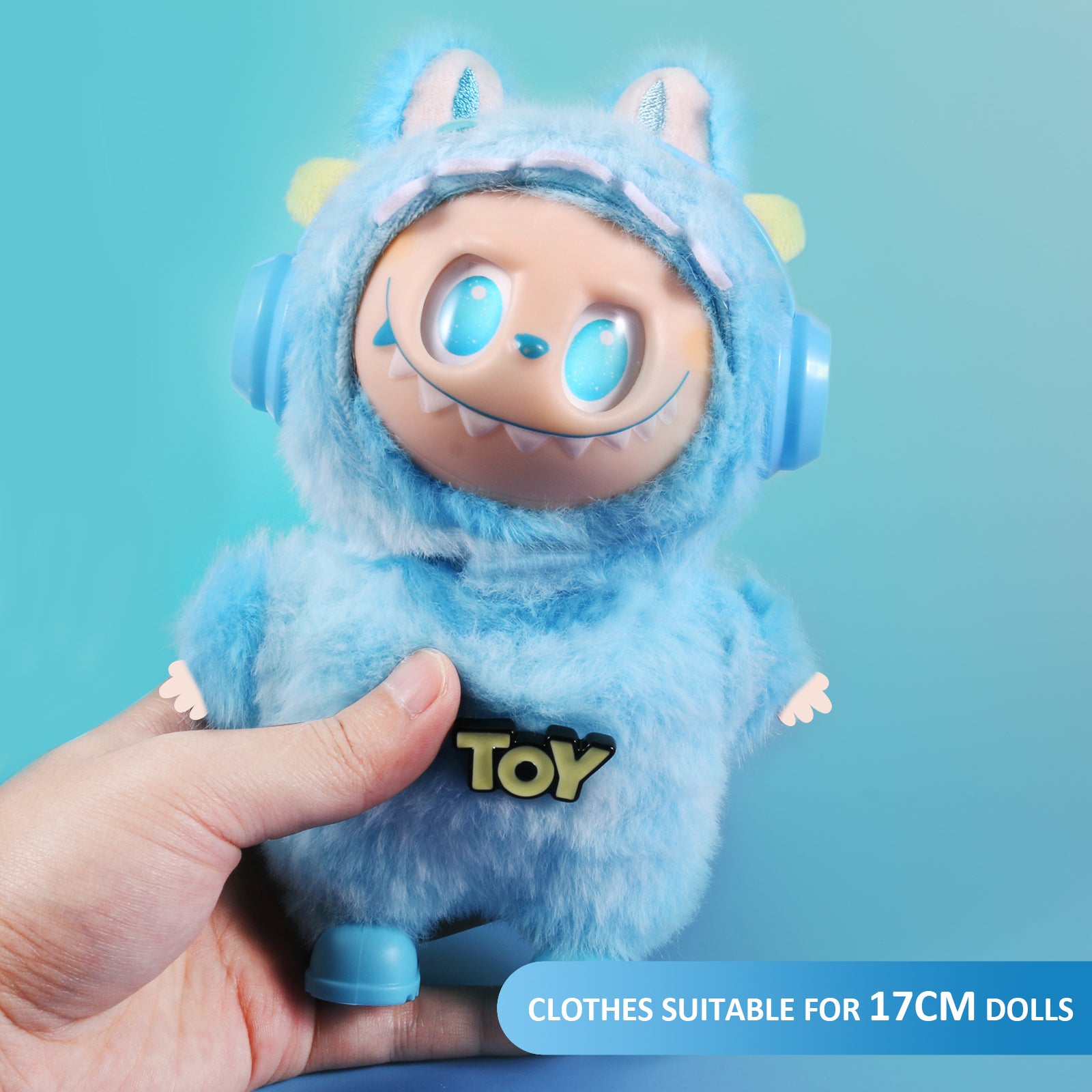 4-Piece Blue Monster "TOY" Themed Plush Doll Clothes Set for 17cm Labubu - Includes Overalls, Hat, Headphones & Shoes