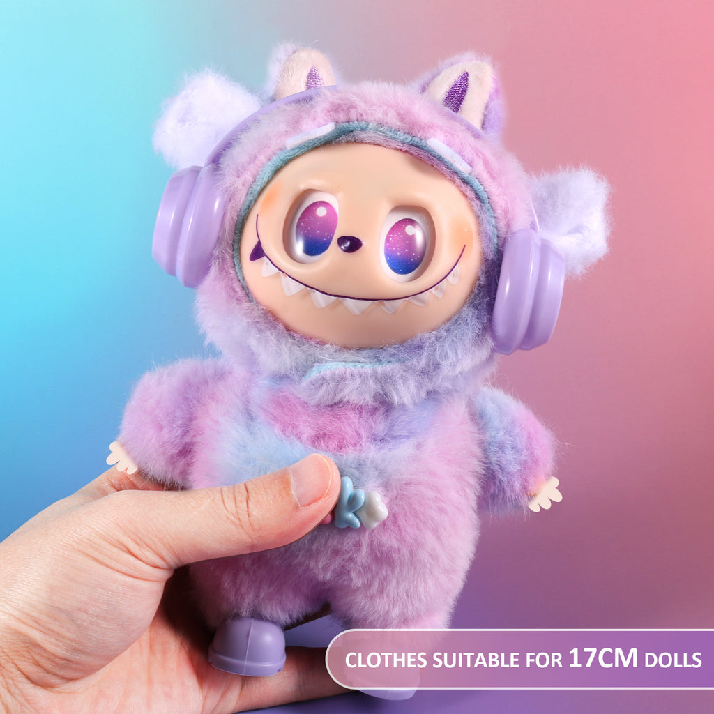 4-Piece Purple & Blue "Lucky" Themed Plush Doll Clothes Set for 17cm Labubu - Includes Overalls, Hat, Headphones & Shoes