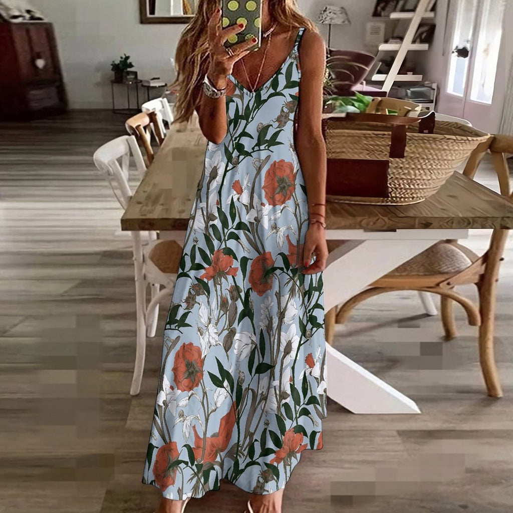 Vintage Floral Print V-Neck Spaghetti Strap Maxi Dress Summer Beach Bohemian Ankle-Length Gown