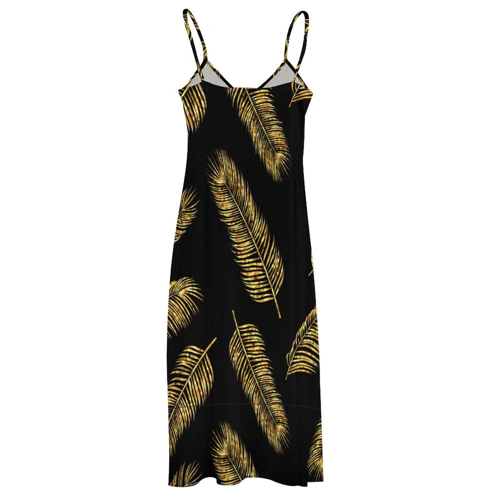 Gilded Palm Leaf Print V-Neck Spaghetti Strap Maxi Dress