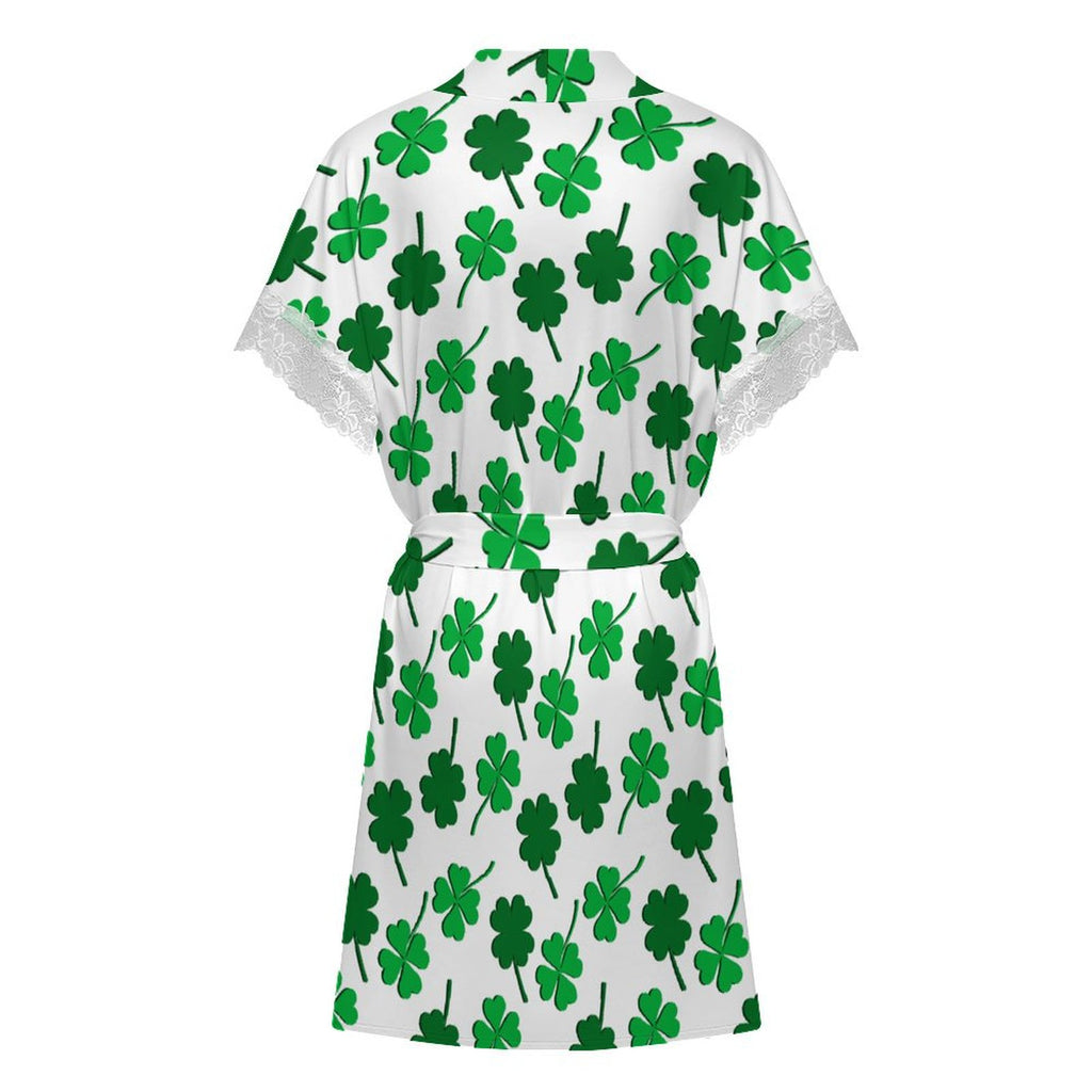 Women's Shamrock Print Robe with Lace Trim, Short Sleeve Belted Loungewear