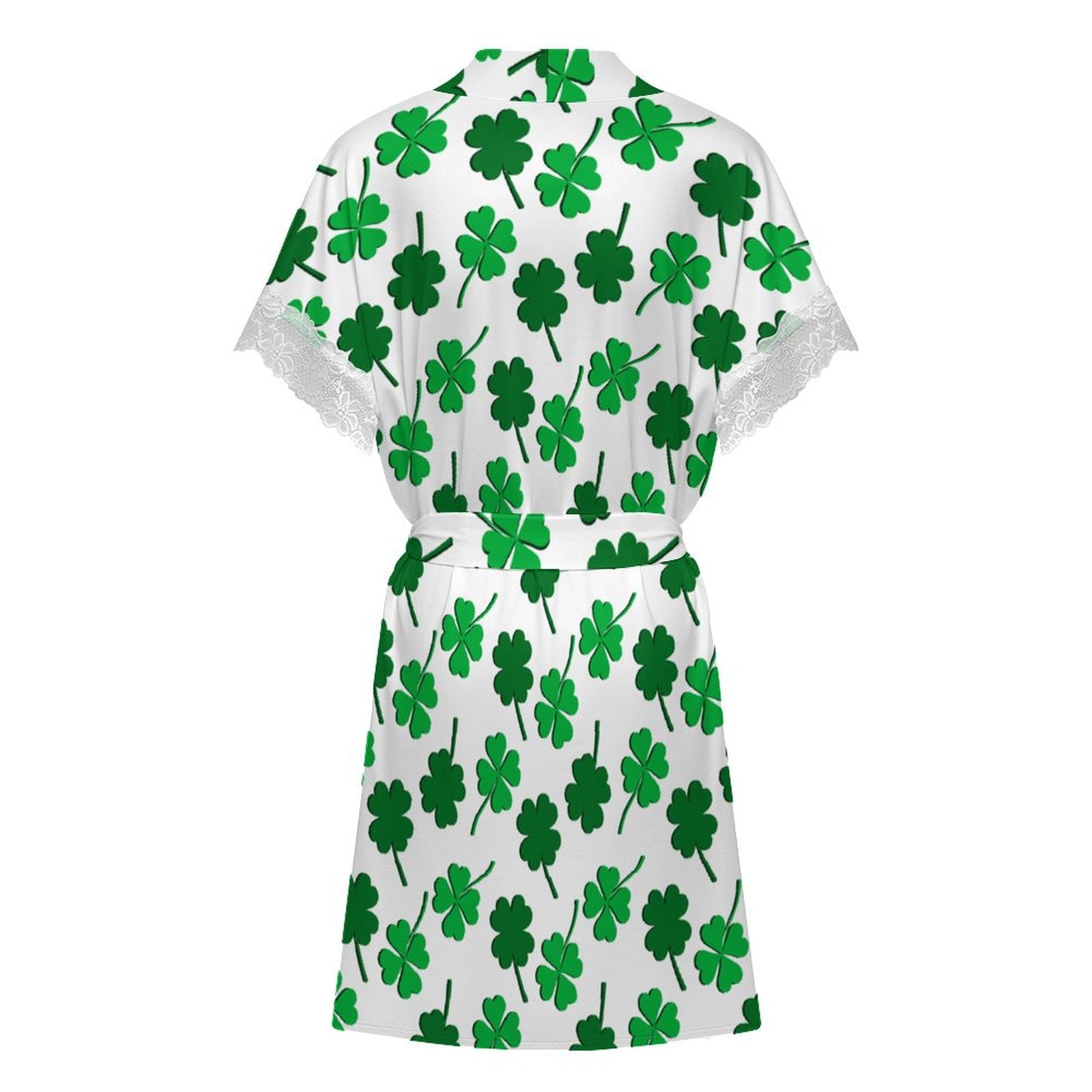 Women's Shamrock Print Robe with Lace Trim, Short Sleeve Belted Loungewear