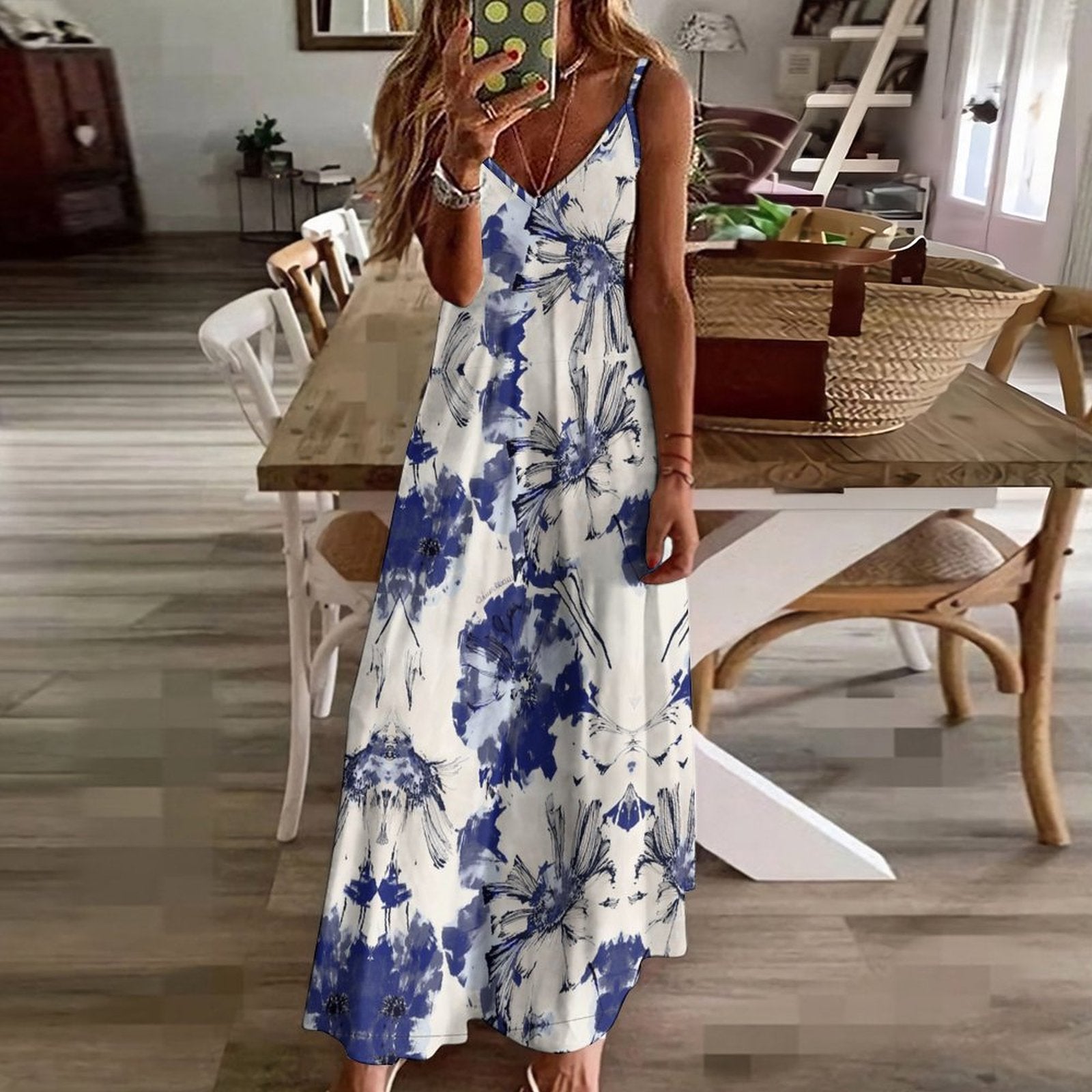 Vintage Blue and White Porcelain Print Long Sleeve Shirt Dress | Collared Button-Down Flowy Maxi Dress