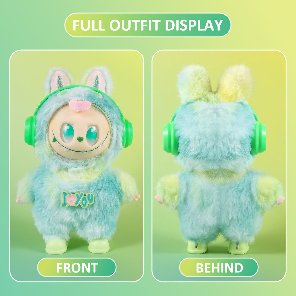 4-Piece Cute Plush Doll Clothes Set for 17cm Labubu - Includes Overalls, Hat, Headphones & Shoes