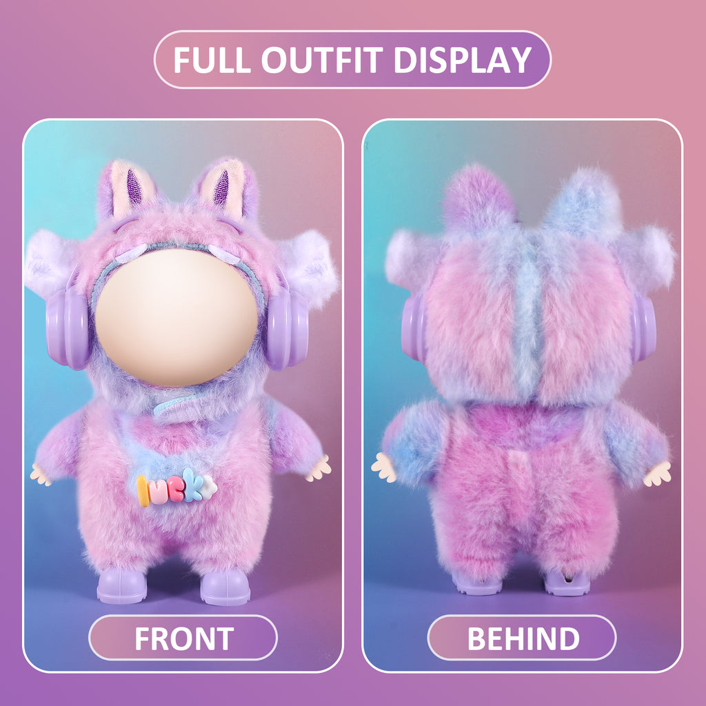 4-Piece Purple & Blue "Lucky" Themed Plush Doll Clothes Set for 17cm Labubu - Includes Overalls, Hat, Headphones & Shoes