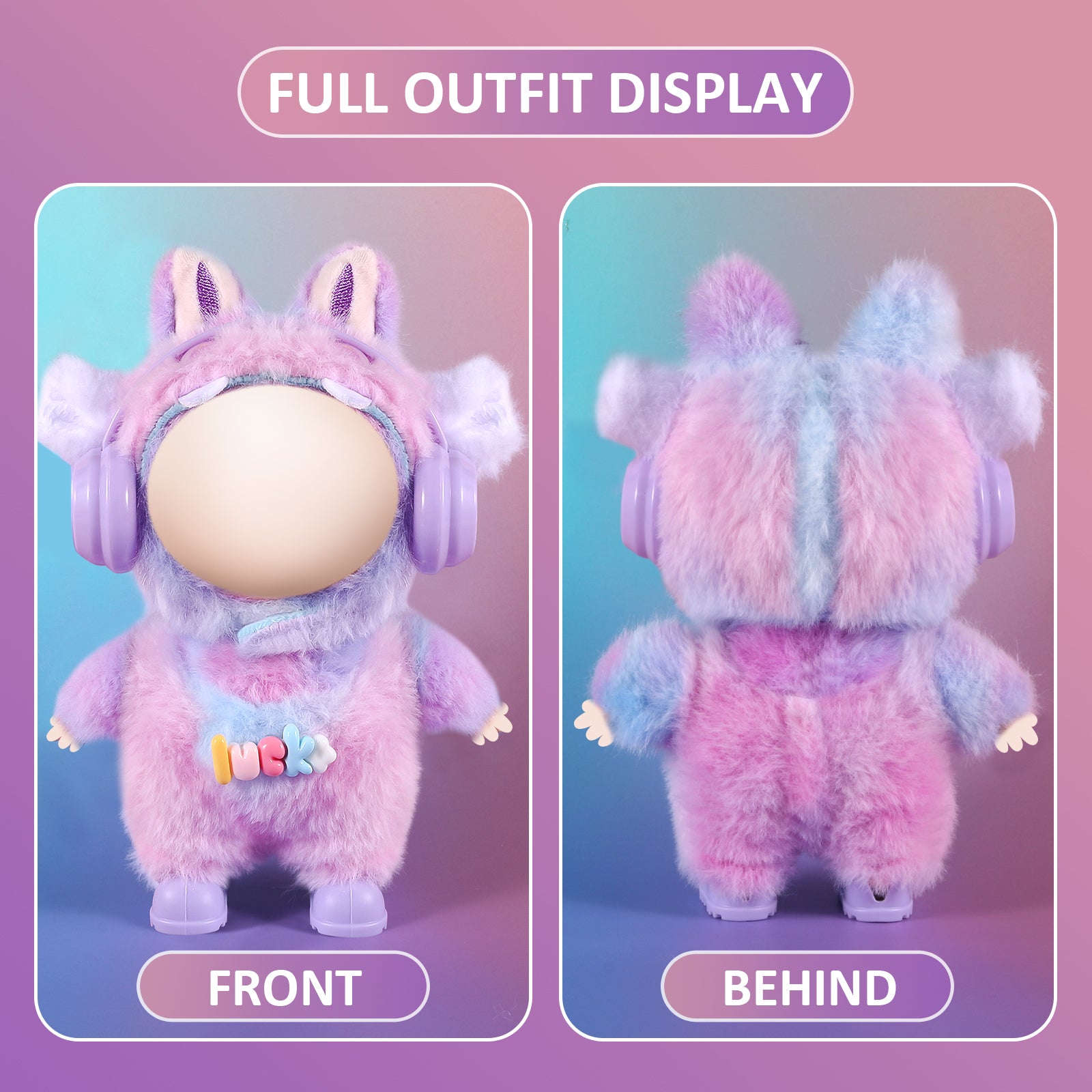 4-Piece Purple & Blue "Lucky" Themed Plush Doll Clothes Set for 17cm Labubu - Includes Overalls, Hat, Headphones & Shoes