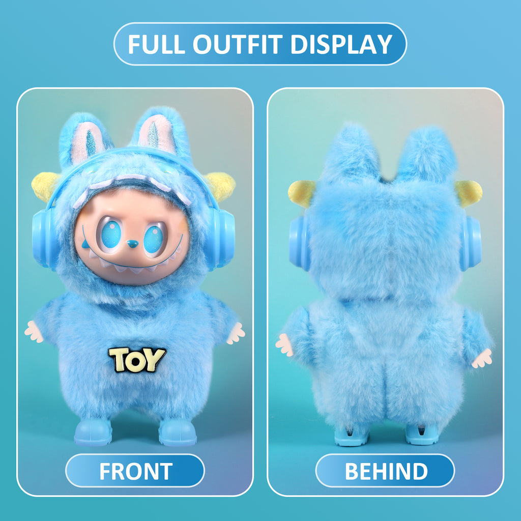 4-Piece Blue Monster "TOY" Themed Plush Doll Clothes Set for 17cm Labubu - Includes Overalls, Hat, Headphones & Shoes
