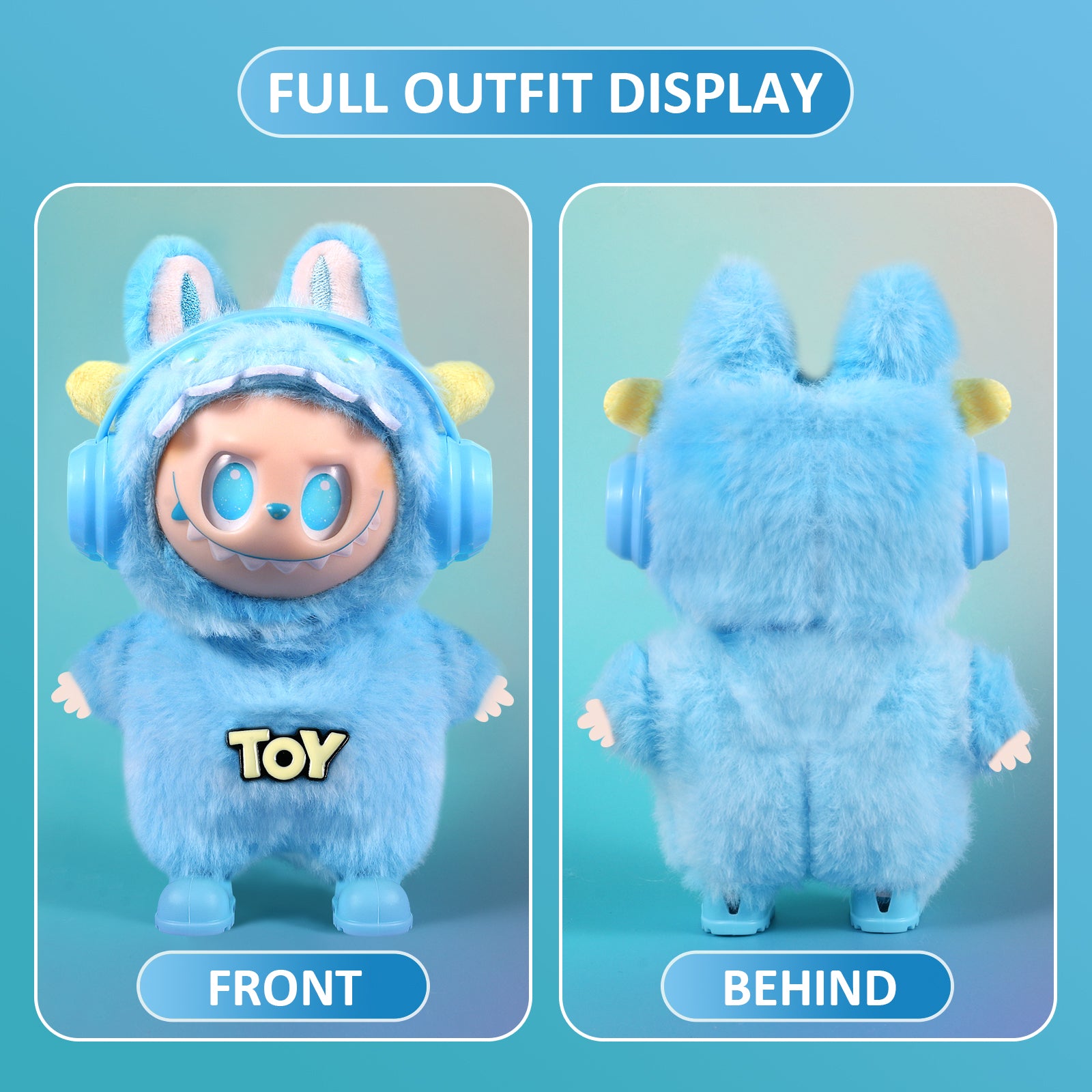 4-Piece Blue Monster "TOY" Themed Plush Doll Clothes Set for 17cm Labubu - Includes Overalls, Hat, Headphones & Shoes