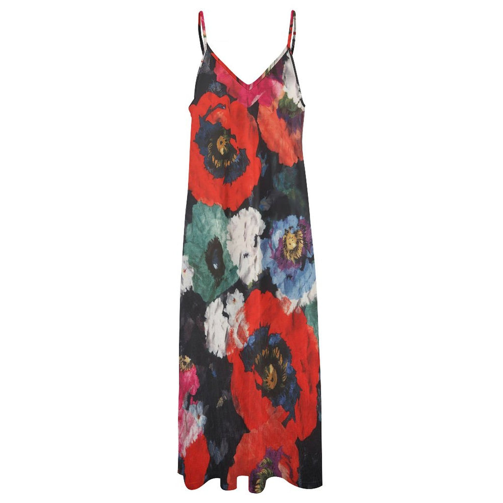 Summer Retro Artistic Red Floral Print Spaghetti Strap Maxi Dress | V-Neck Casual Flowy Ankle-Length Beach Sundress