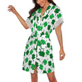 Women's Shamrock Print Robe with Lace Trim, Short Sleeve Belted Loungewear