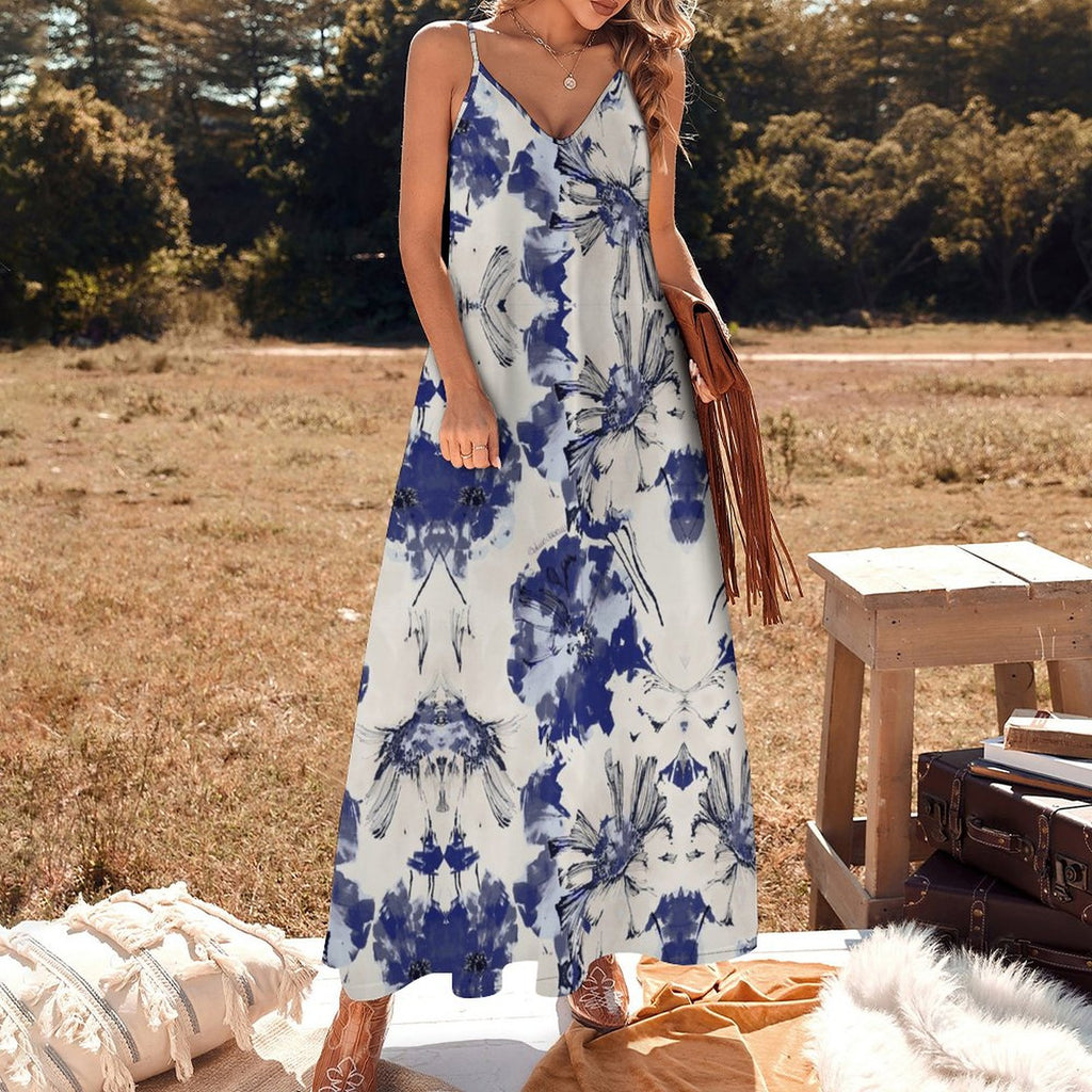 Vintage Blue and White Porcelain Print Long Sleeve Shirt Dress | Collared Button-Down Flowy Maxi Dress