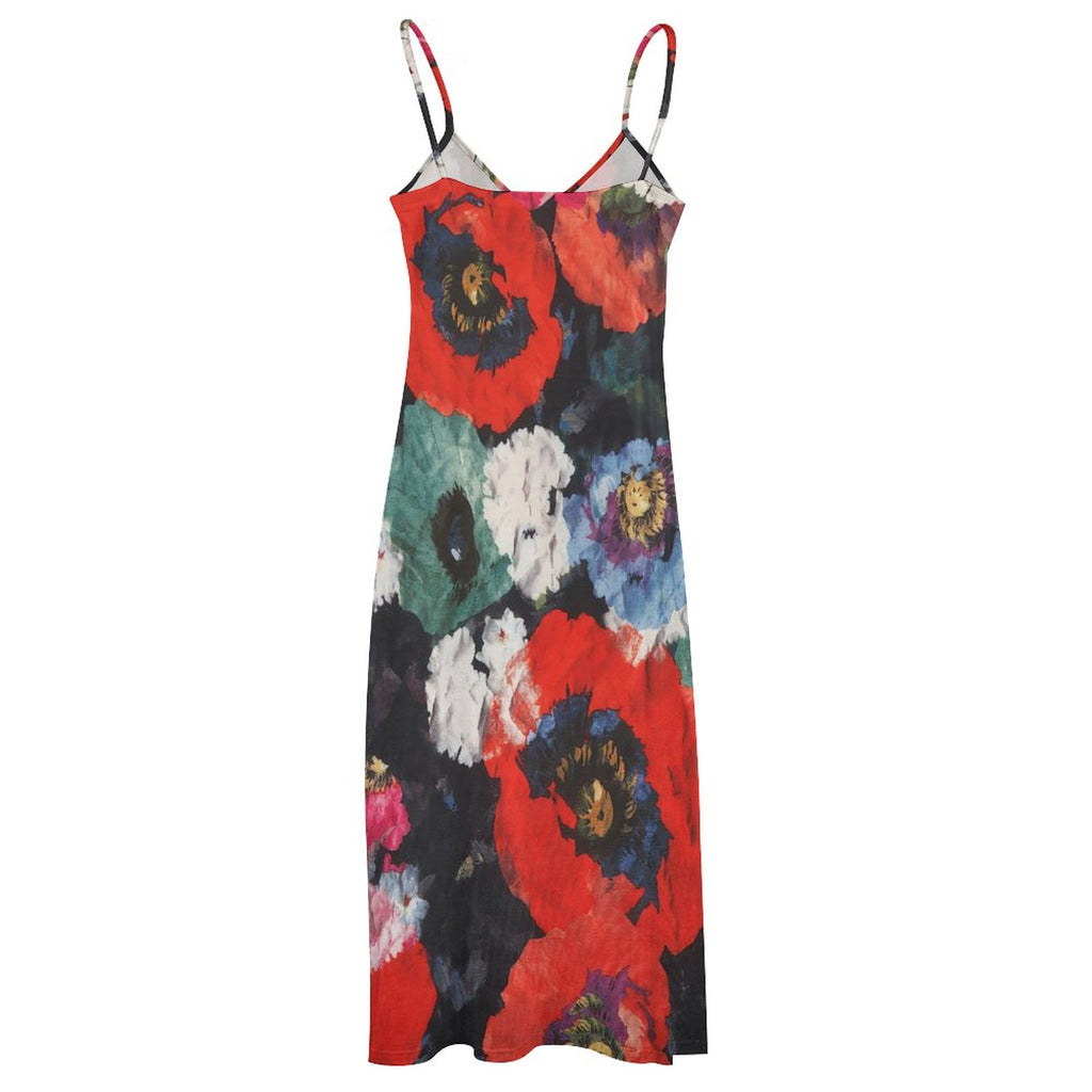 Summer Retro Artistic Red Floral Print Spaghetti Strap Maxi Dress | V-Neck Casual Flowy Ankle-Length Beach Sundress