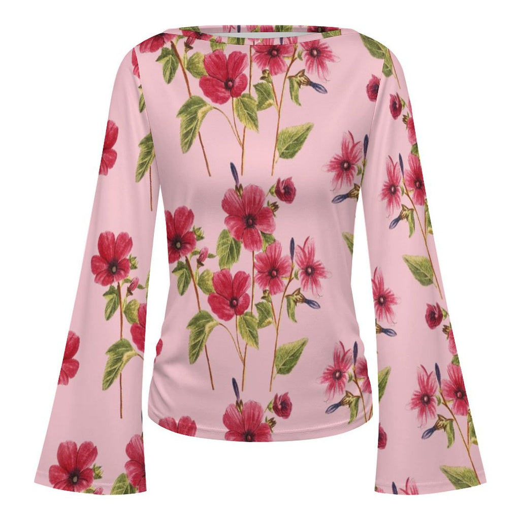 Women's Elegant Floral Print Boat Neck Bell Sleeve T-Shirt - Spring/Summer Chic Casual Top