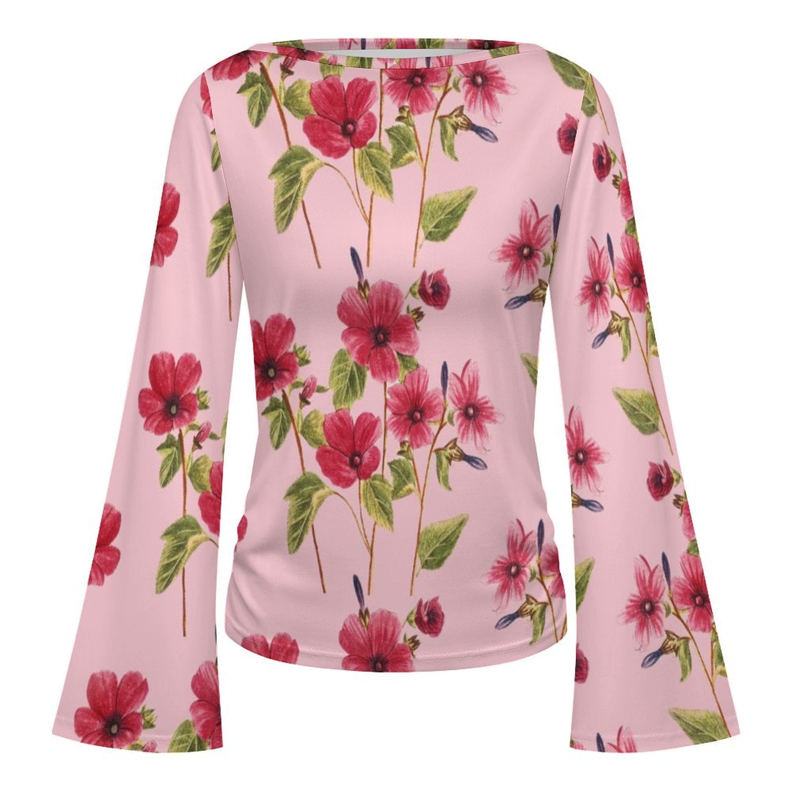 Women's Elegant Floral Print Boat Neck Bell Sleeve T-Shirt - Spring/Summer Chic Casual Top