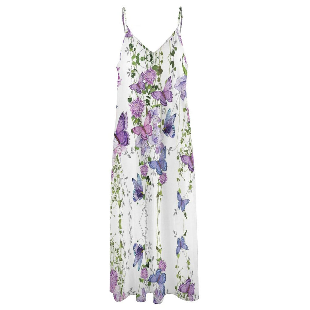 Whimsical Garden Butterfly & Floral Print V-Neck Spaghetti Strap Maxi Dress