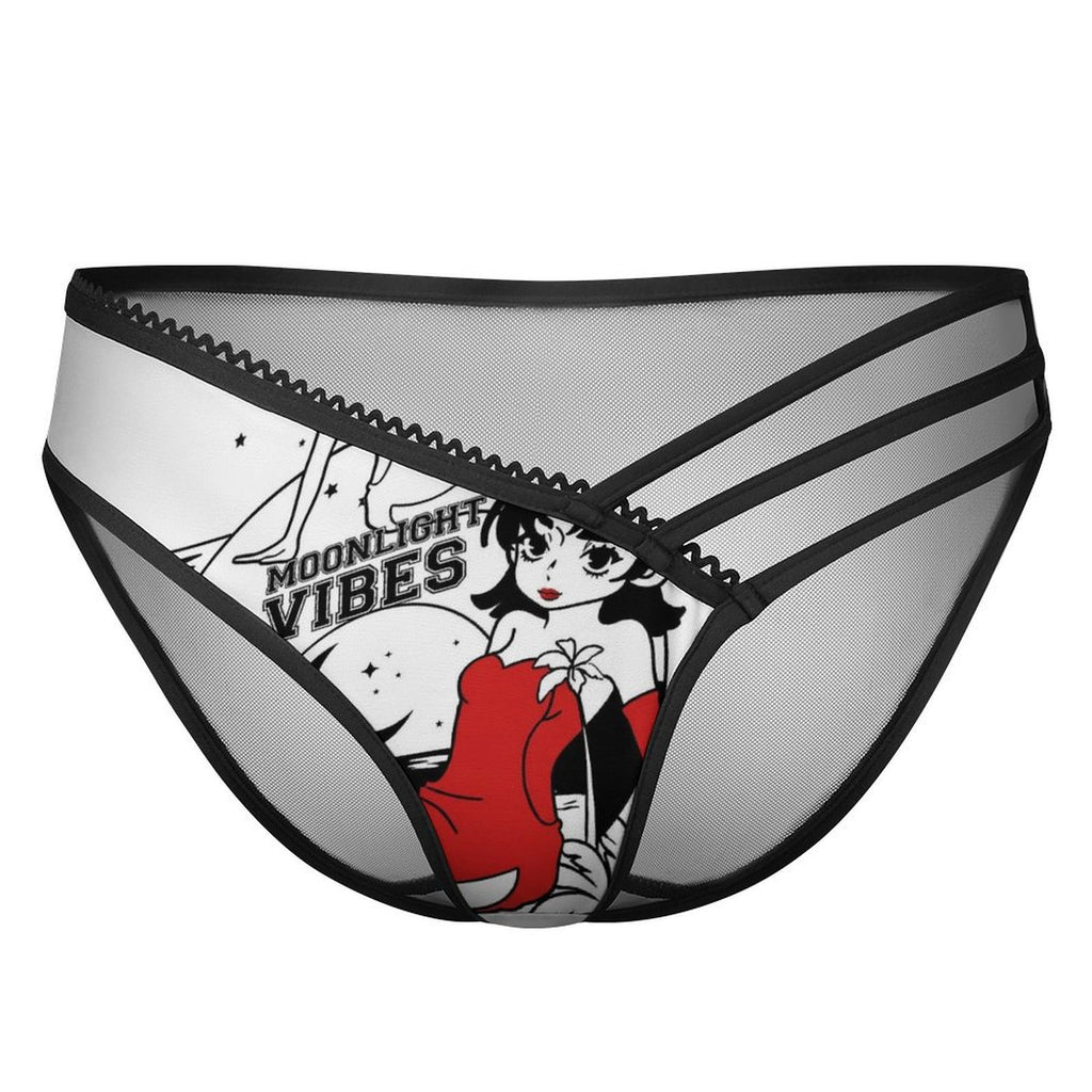 Women's Sexy Strappy Lingerie - Retro Anime Girl "Moonlight Vibes" Print Panties, Milk Silk & Mesh Cut-out Briefs