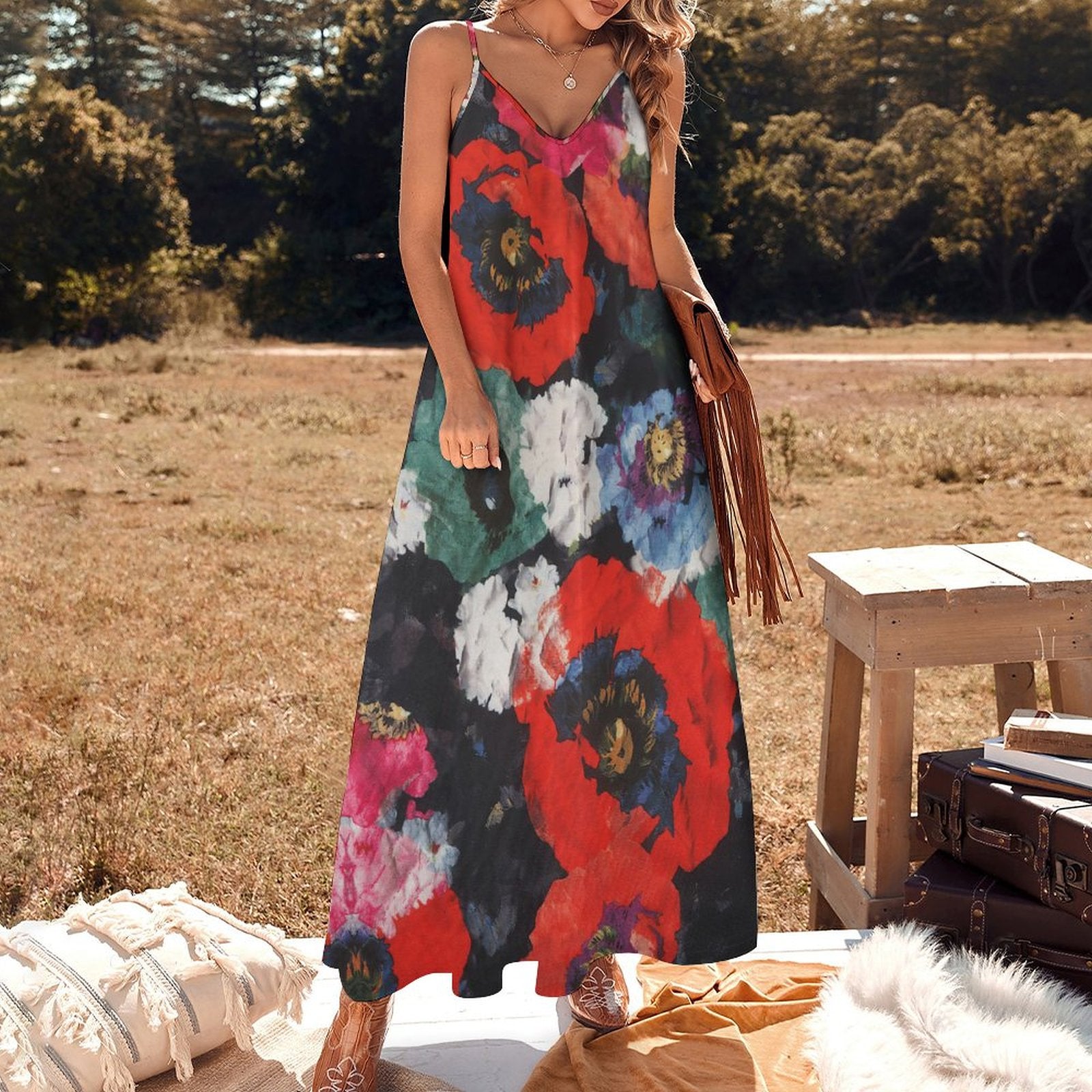 Summer Retro Artistic Red Floral Print Spaghetti Strap Maxi Dress | V-Neck Casual Flowy Ankle-Length Beach Sundress