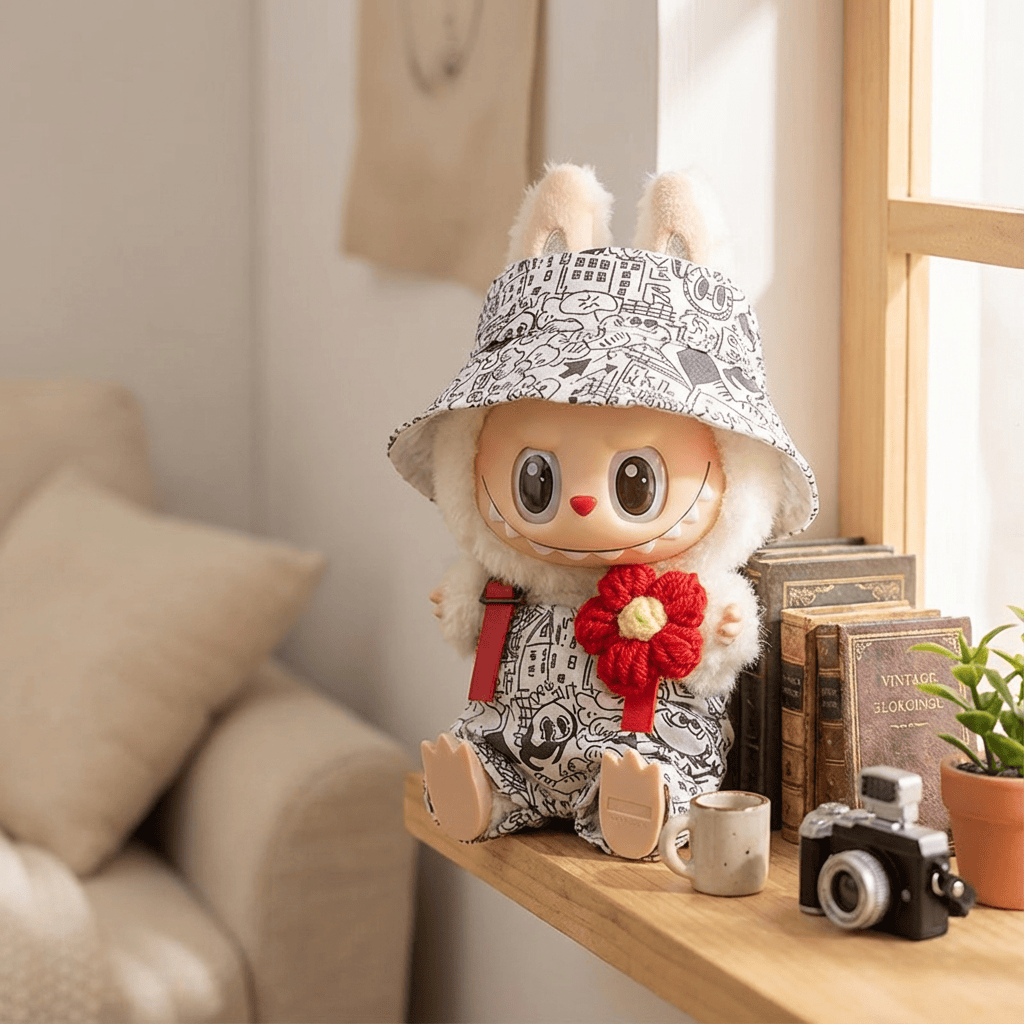 Graffiti Artistry 3-Piece Outfit for 17cm Labubu Doll - Includes Fisherman's Hat, Overalls & Corsage