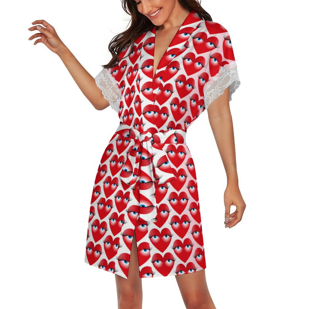 Women's Playful Heart with Eyes Print Robe, Lace Trim Short Sleeve Loungewear