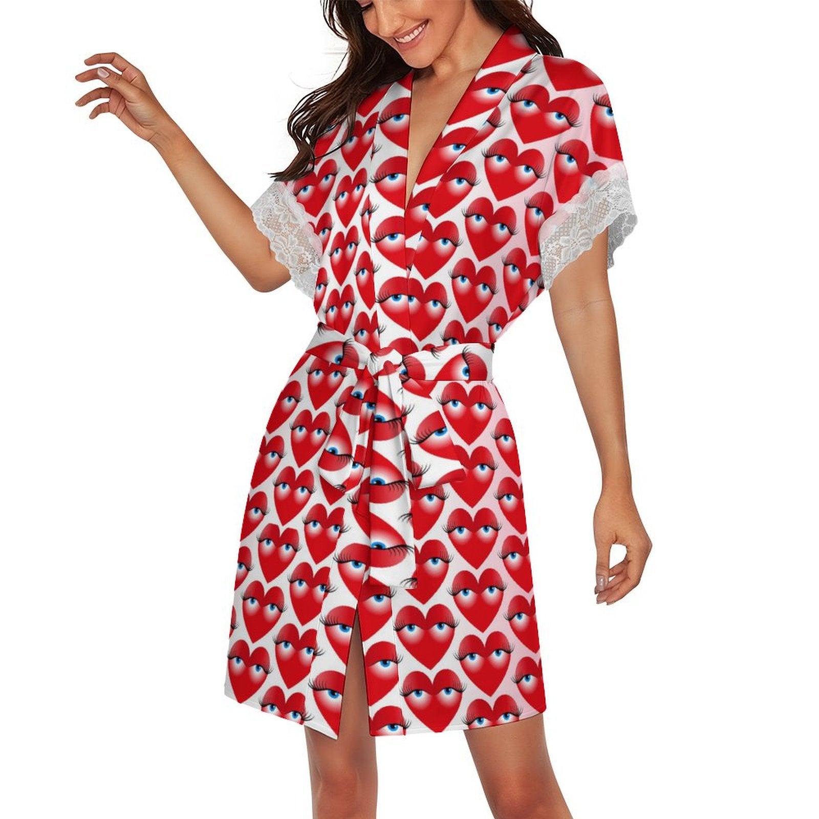 Women's Playful Heart with Eyes Print Robe, Lace Trim Short Sleeve Loungewear