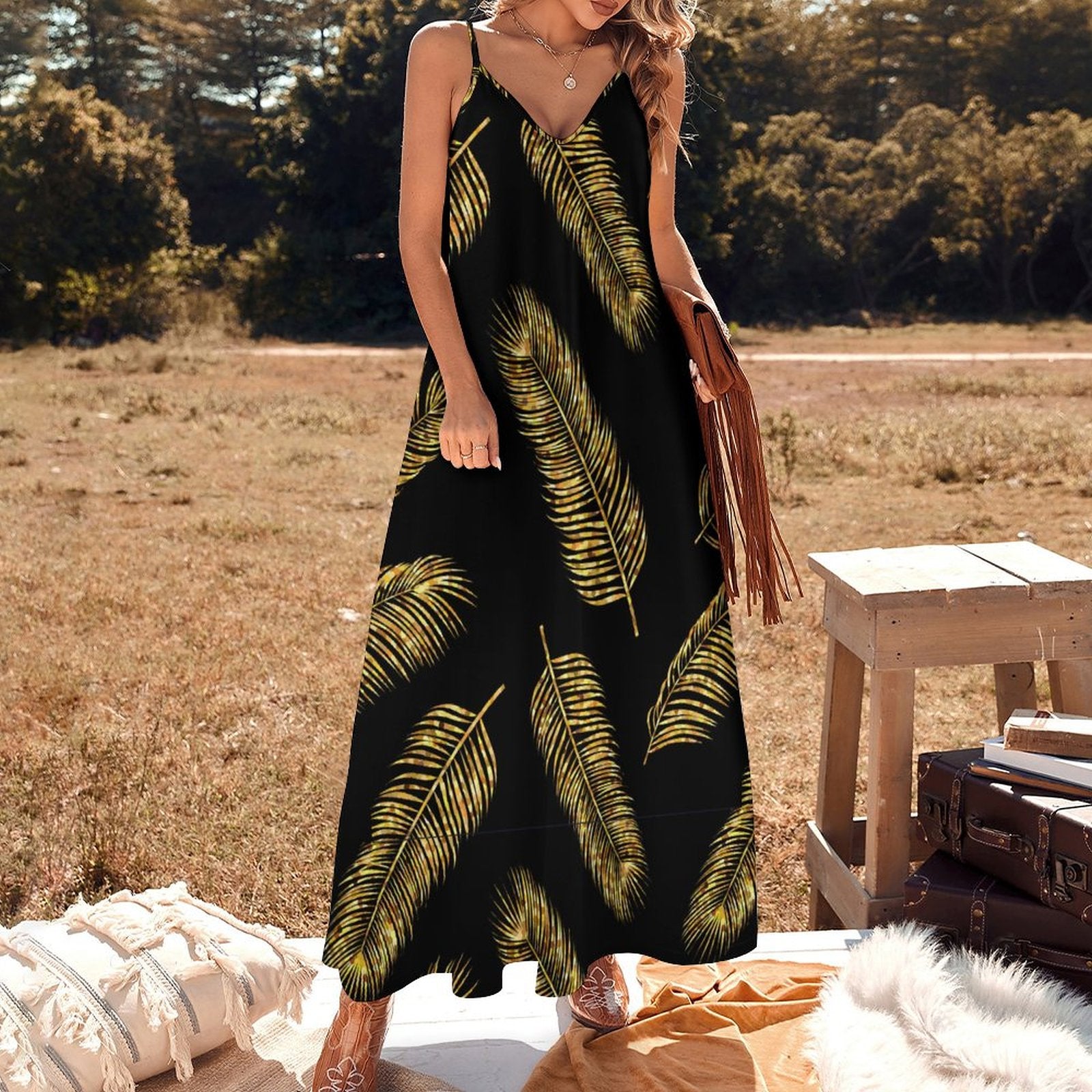 Gilded Palm Leaf Print V-Neck Spaghetti Strap Maxi Dress
