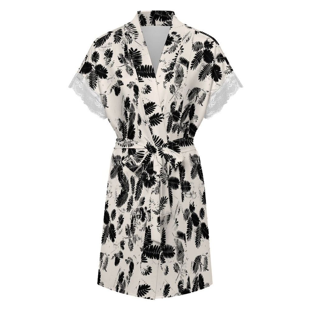 Women's Elegant Botanical Leaf Print Robe with Lace Trim, Short Sleeve Belted Loungewear