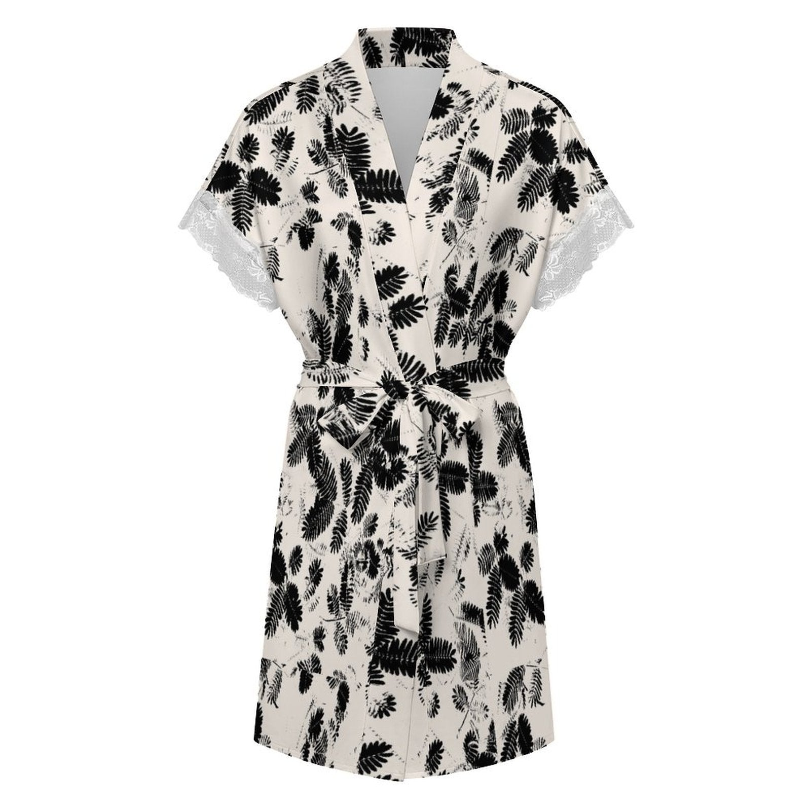 Women's Elegant Botanical Leaf Print Robe with Lace Trim, Short Sleeve Belted Loungewear