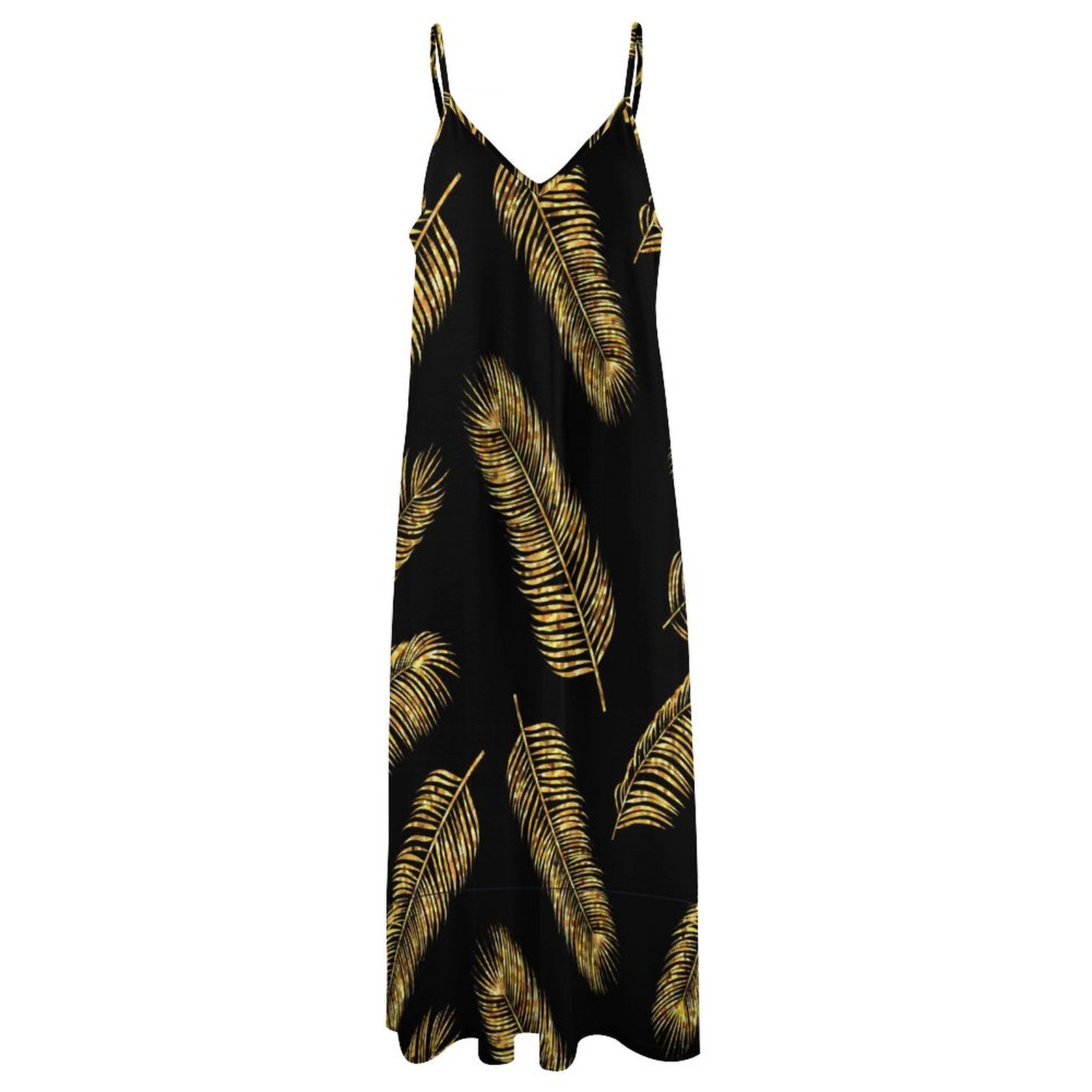 Gilded Palm Leaf Print V-Neck Spaghetti Strap Maxi Dress