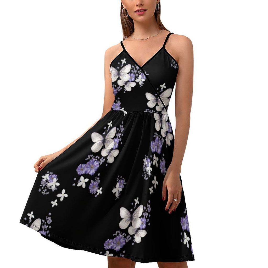 V-Neck Butterfly Print Spaghetti Strap Mini Dress - Black & Purple Floral