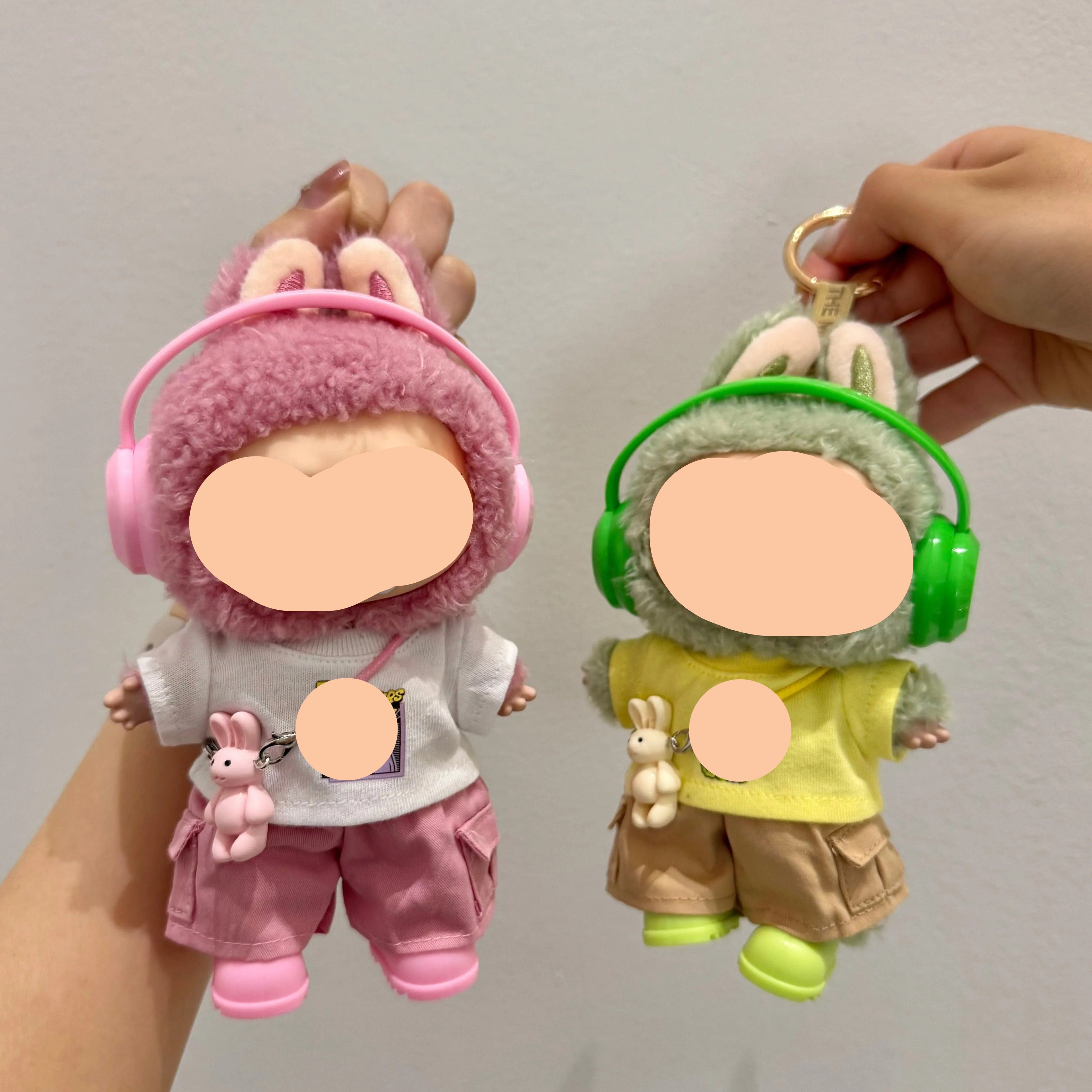 Clothes Labubo Pink headphones + white T-shirt + pink overalls Keychain Labubo Clothing Macaron Clothes for Labubo