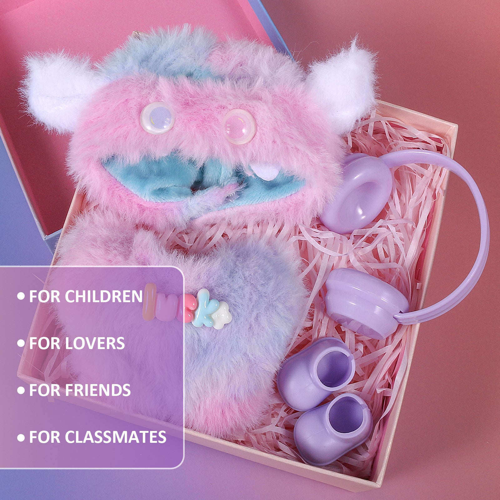 4-Piece Purple & Blue "Lucky" Themed Plush Doll Clothes Set for 17cm Labubu - Includes Overalls, Hat, Headphones & Shoes