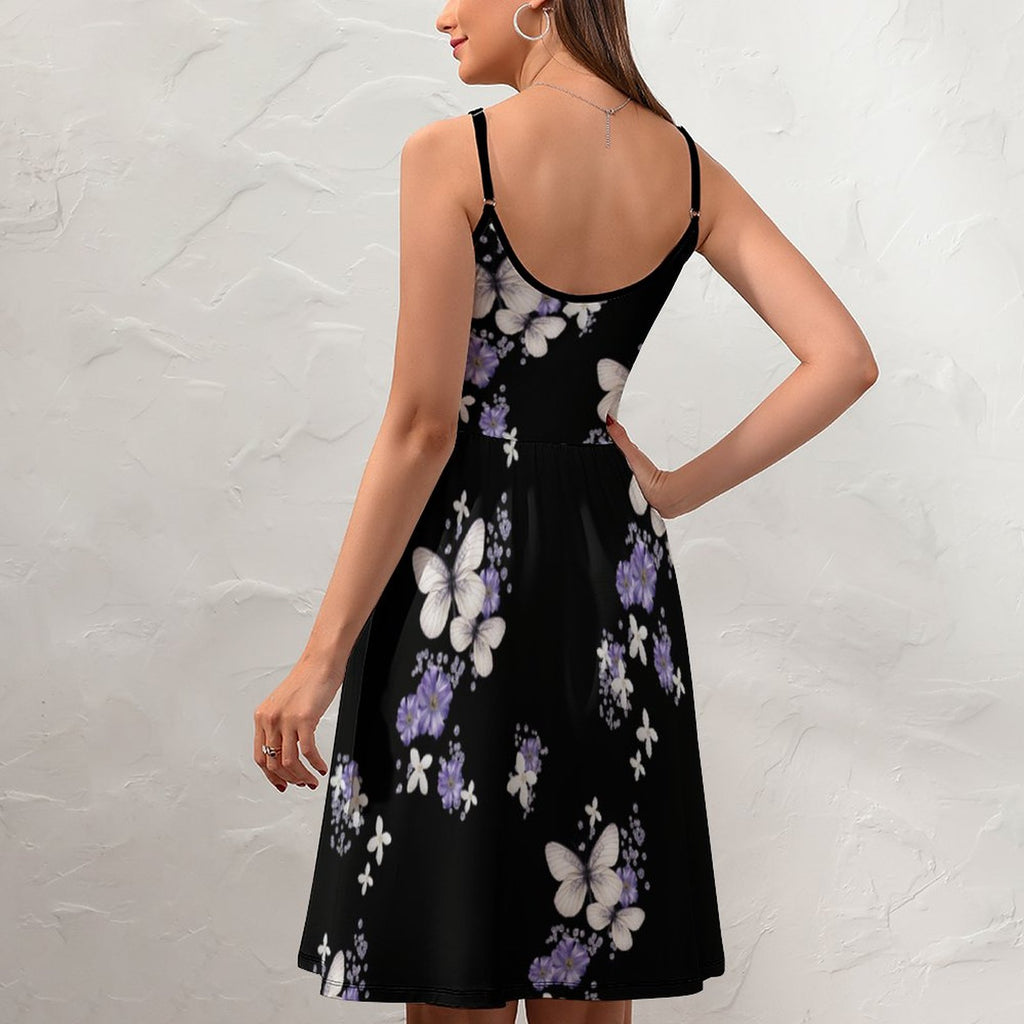 V-Neck Butterfly Print Spaghetti Strap Mini Dress - Black & Purple Floral