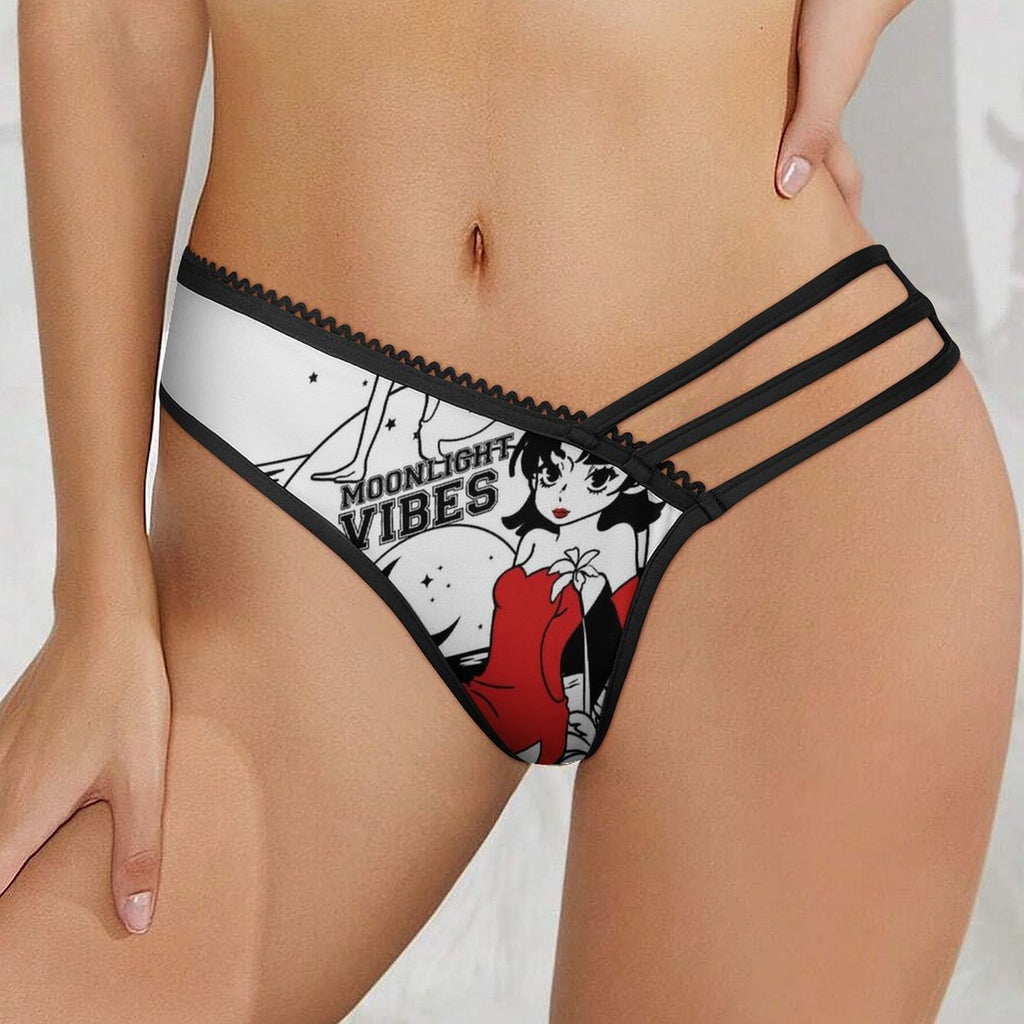 Women's Sexy Strappy Lingerie - Retro Anime Girl "Moonlight Vibes" Print Panties, Milk Silk & Mesh Cut-out Briefs
