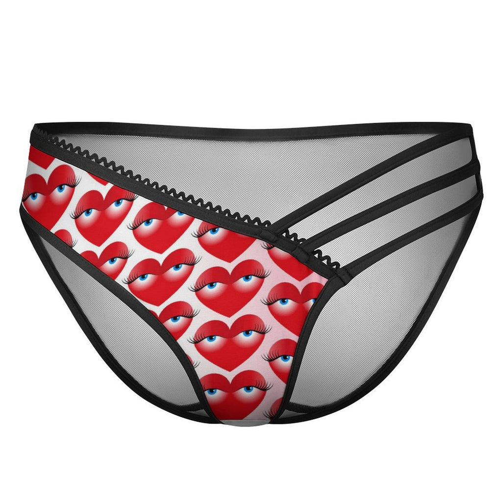 Women's Seductive Strappy Panties - Playful "Heart Eyes" Print Lingerie, Premium Milk Silk & Breathable Mesh Cut-out Briefs