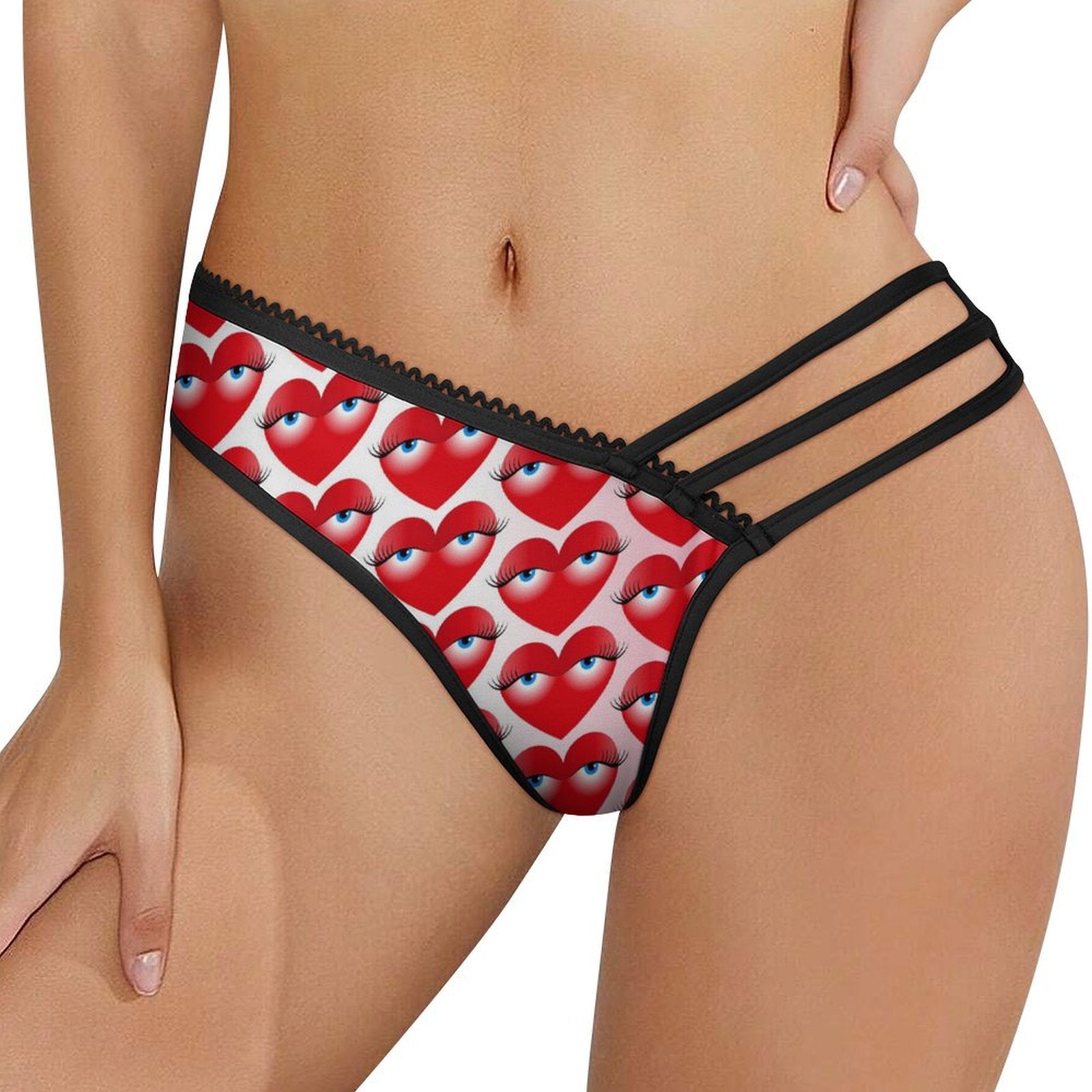 Women's Seductive Strappy Panties - Playful "Heart Eyes" Print Lingerie, Premium Milk Silk & Breathable Mesh Cut-out Briefs