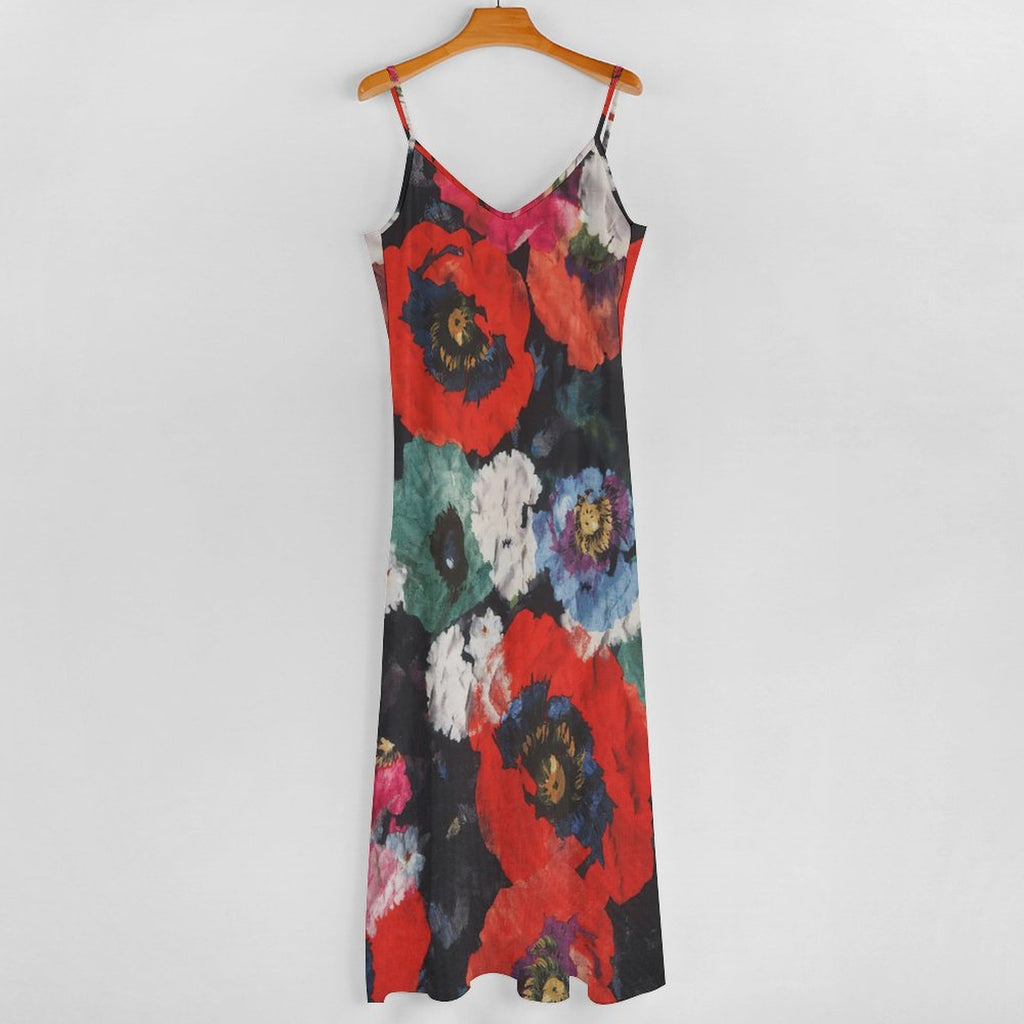 Summer Retro Artistic Red Floral Print Spaghetti Strap Maxi Dress | V-Neck Casual Flowy Ankle-Length Beach Sundress