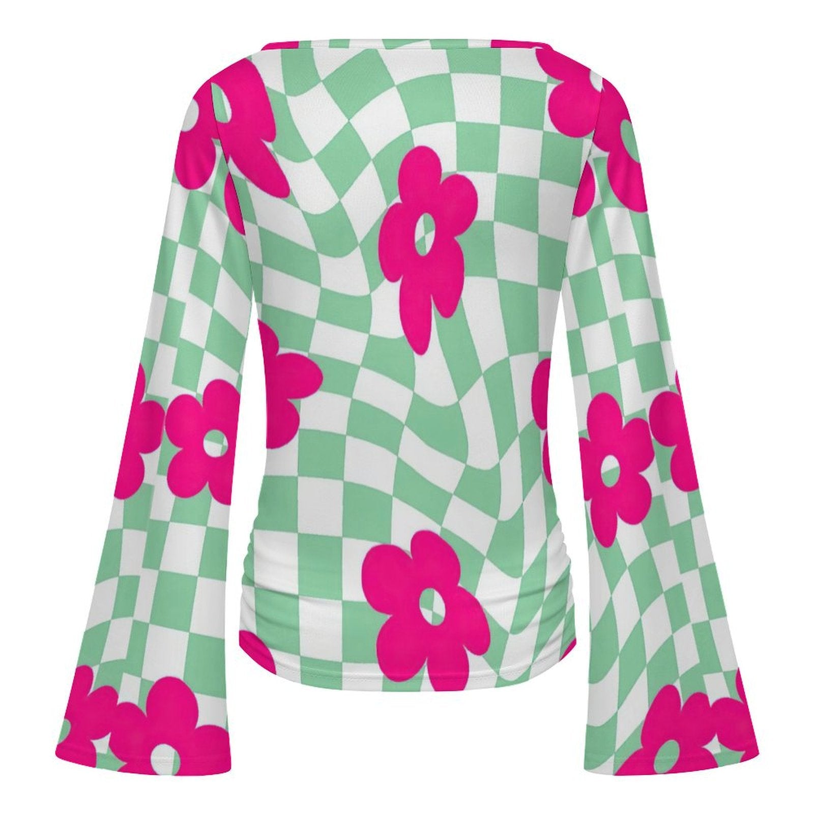 Women's Retro Checkerboard Floral Print Boat Neck Bell Sleeve T-Shirt - Trendy Casual Top