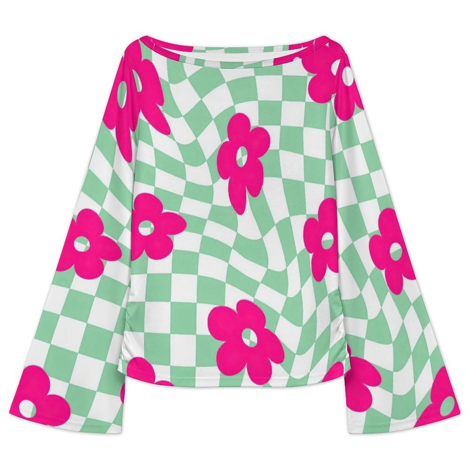 Women's Retro Checkerboard Floral Print Boat Neck Bell Sleeve T-Shirt - Trendy Casual Top